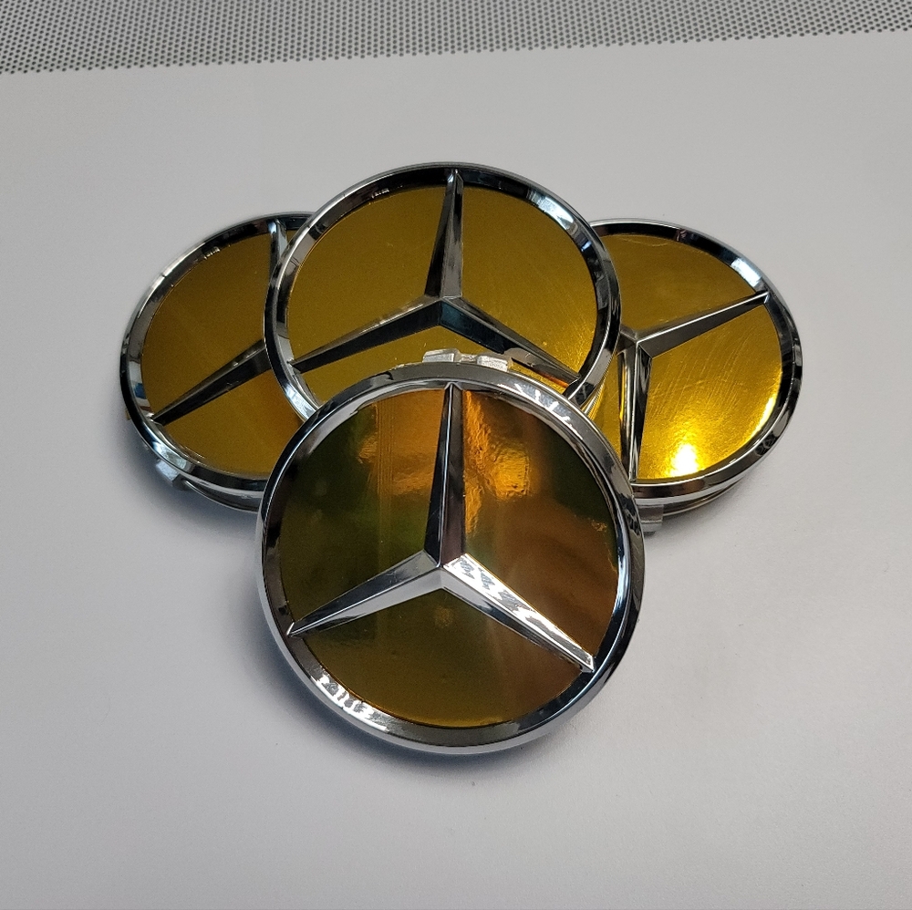 4 MIRROR GOLD METEOR WHEEL CENTER HUB CAPS EMBLEM FITS MERCEDES BENZ 75MM